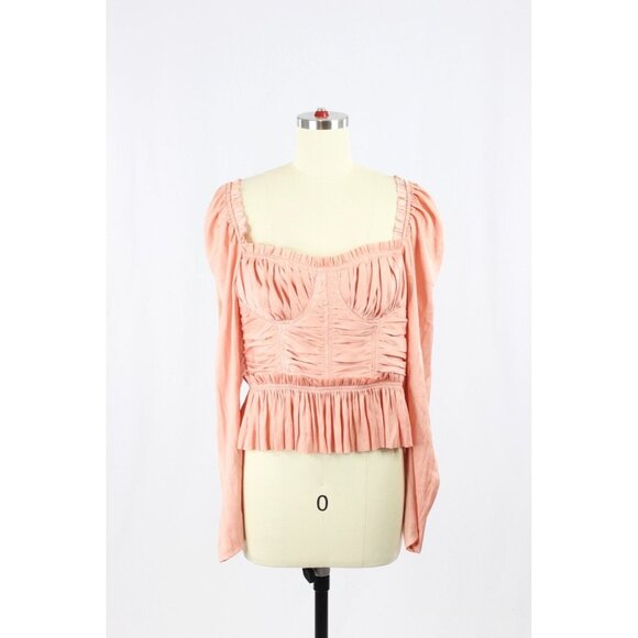 NWT ULLA JOHNSON Mia Tuberose Pink Plisse Satin Corset Peplum Blouse Top, Size 8 - Picture 5 of 16